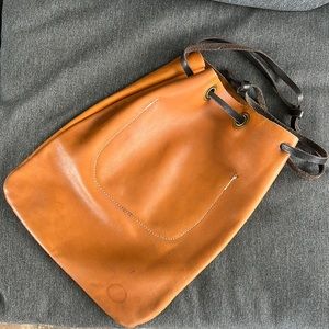 Vintage Brown Leather Drawstring Purse Bag - Hobo, Boho, tan